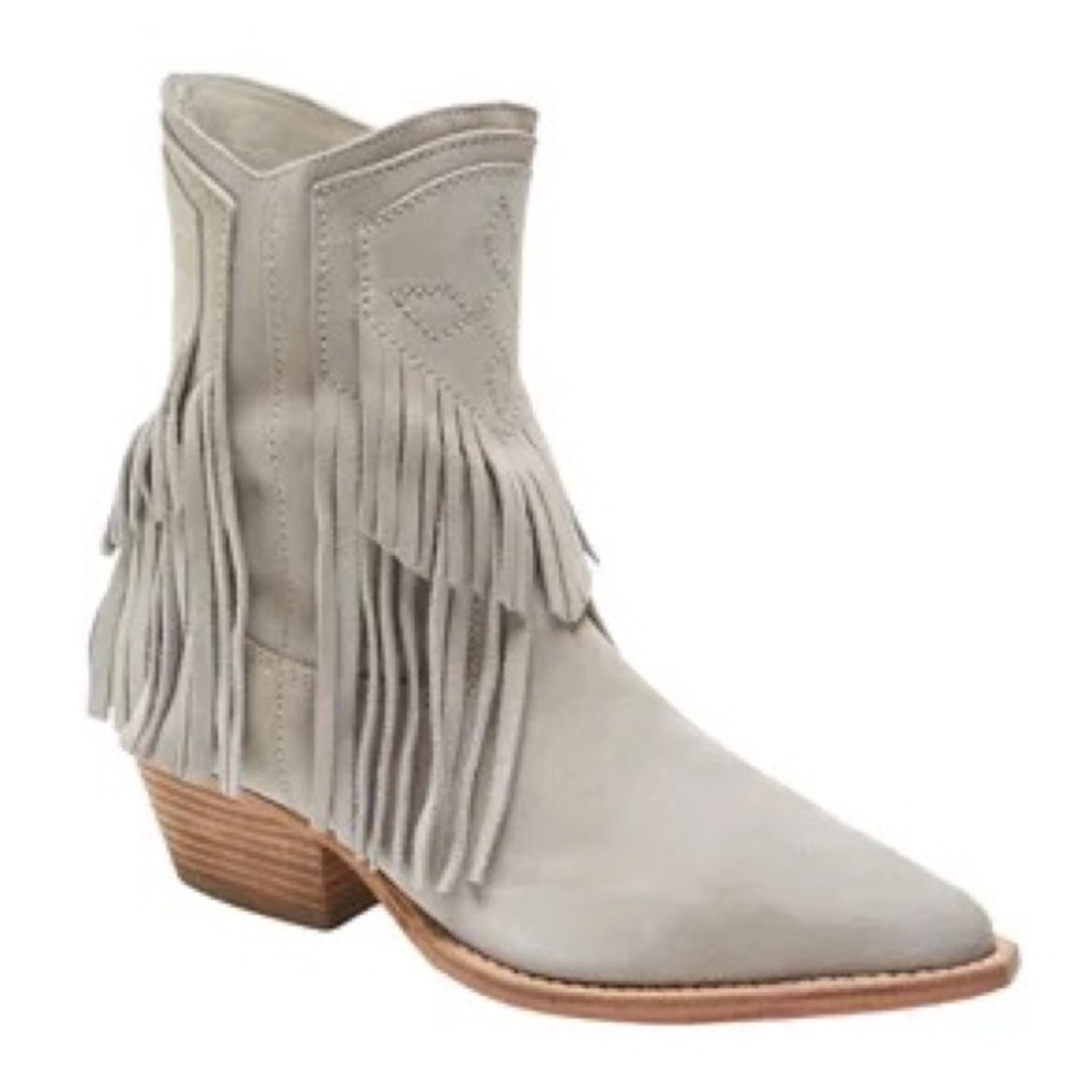 FREE PEOPLE Lawless Fringe Faux Suede Pointy Toe Western Booties Boots Taupe 7 - Picture 7 of 7
